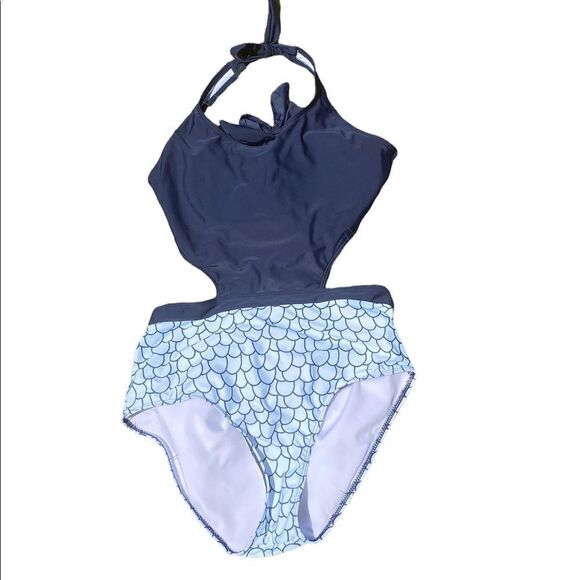 CUPSHE Mermaid Scale Cutout One-Piece Swimsuit Navy Blue Women’s Small - Picture 2 of 5